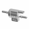 Gray plastic purge valve with cylindrical inlet and outlet tubes and directional arrow marking.