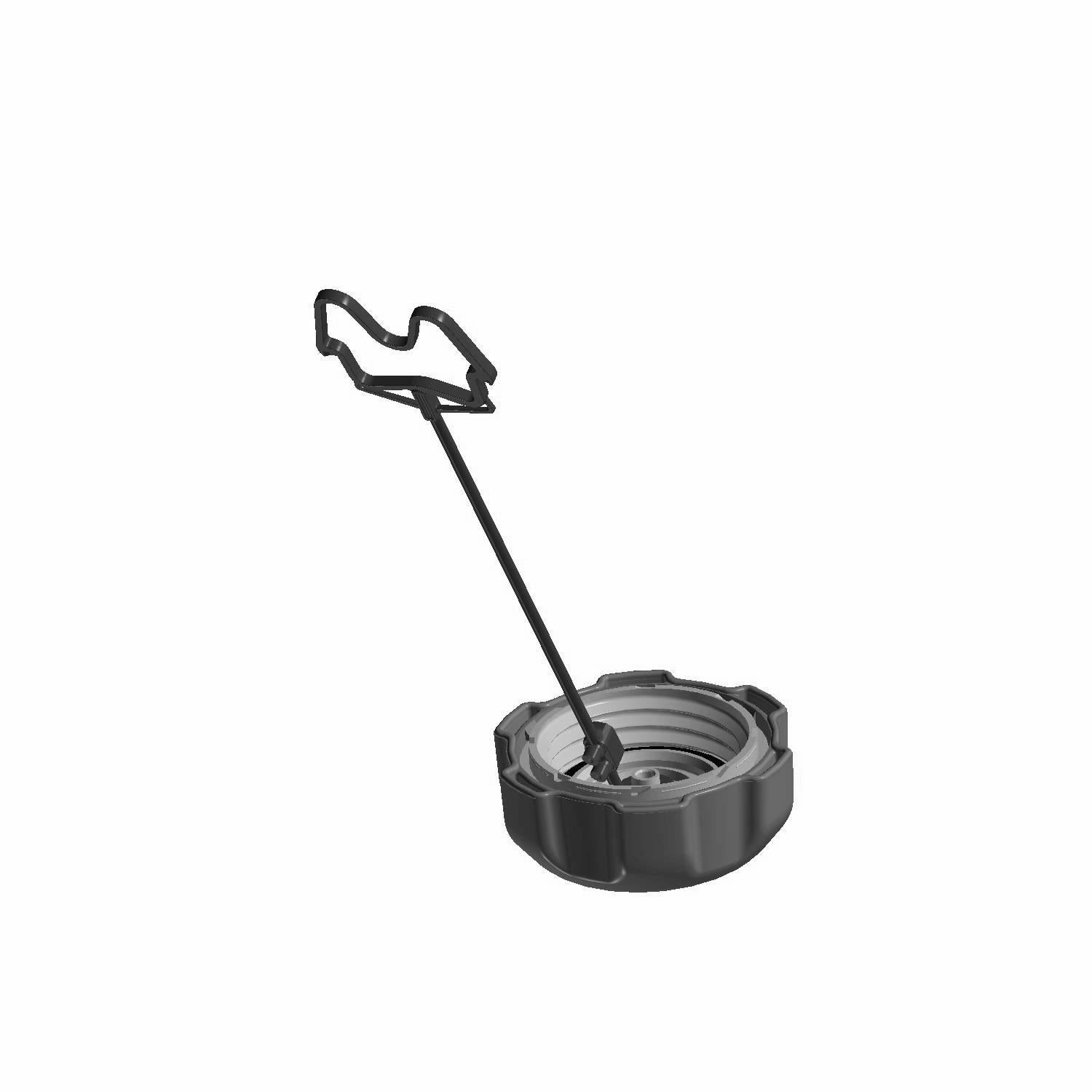 Black round tank cap tether with attached flexible strap and clip for Polaris diesel vehicles.
