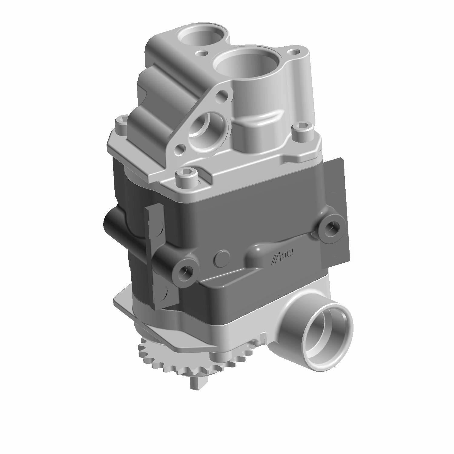 Silver and gray metal oil pump with cylindrical openings and gear attachment at base.