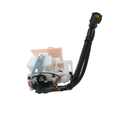 Fuel pump sender with white plastic housing, black wiring, and electrical connector.