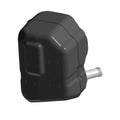 Black rugged plastic fuel tank with contoured shape and a metallic nozzle fitting on the side.