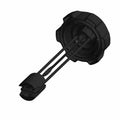 Black plastic gas cap with integrated fuel level gauge and tethered sensor rod.