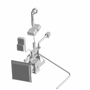 3D render of a mechanical assembly with a mounted monitor, control boxes, articulated arms, coiled cables, and a long rod—ideal for displaying the Polaris Fuel Pump—set against a white background.
