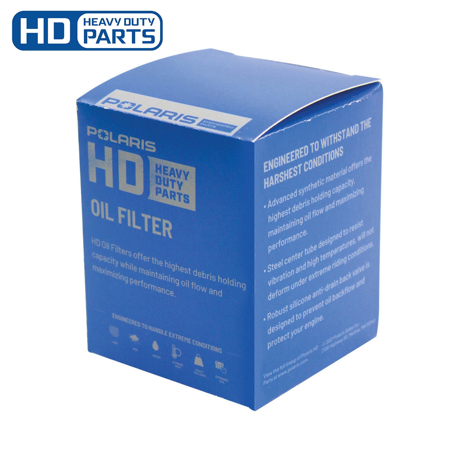 Blue rectangular box packaging labeled Polaris HD Filter Oil with white and gray text and branding.