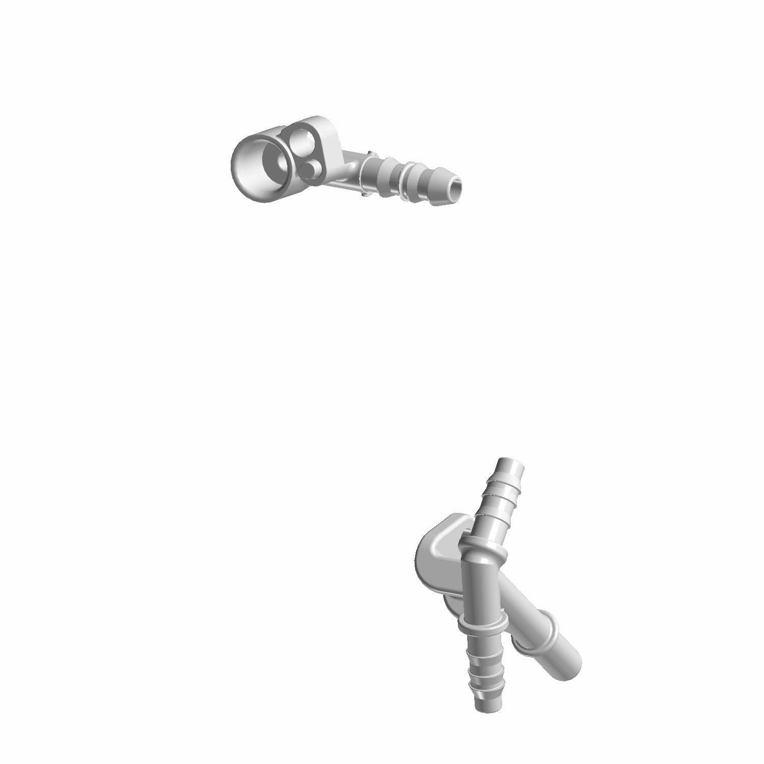 3D render of two metallic connectors with barbed ends and cylindrical openings, floating against a plain white background—ideal as Fuel Rail by Polaris or for other genuine motorcycle parts.