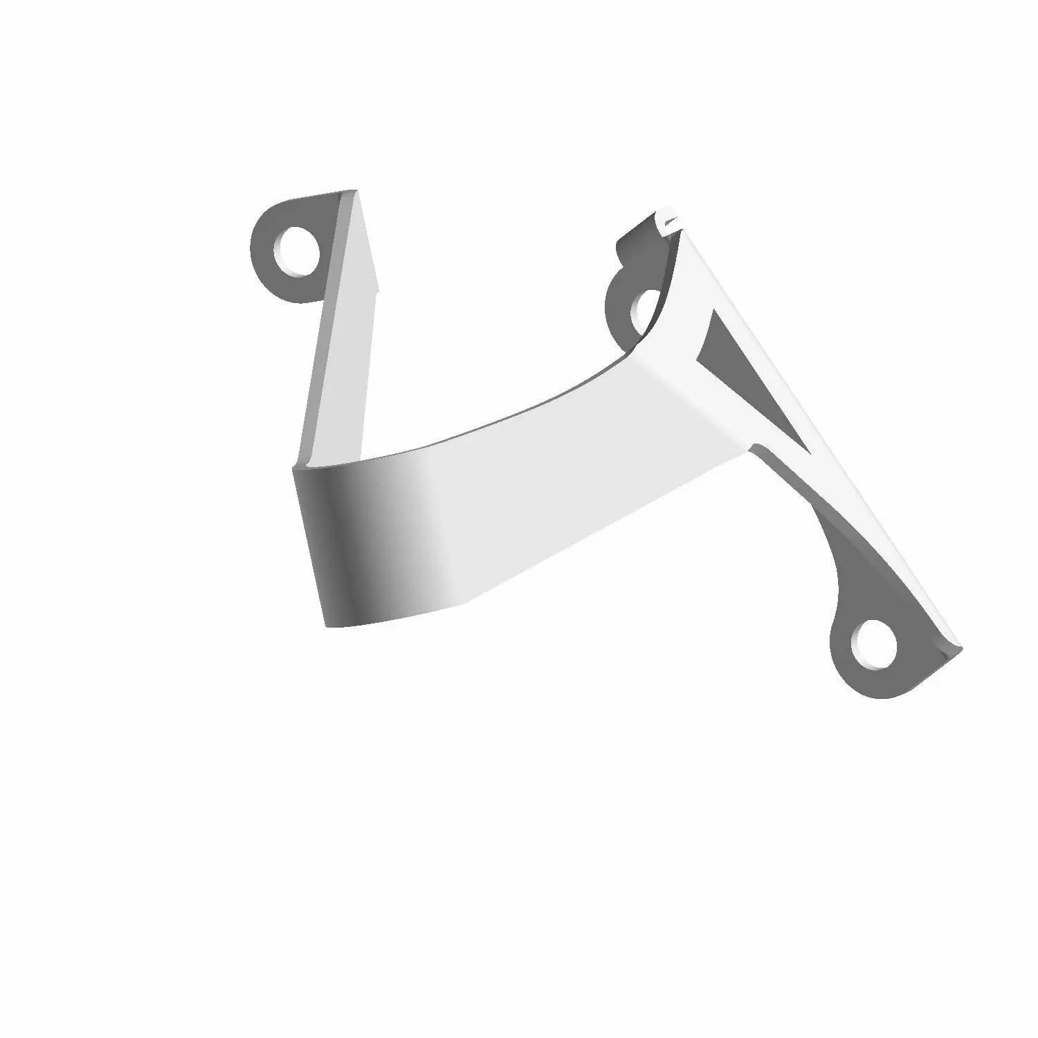 A 3D-rendered image of the Fuel Line Bracket by Polaris, featuring three mounting holes and an angled, curved arm on a flat base, is displayed on a white background, illustrating authentic Polaris OEM motorcycle parts.