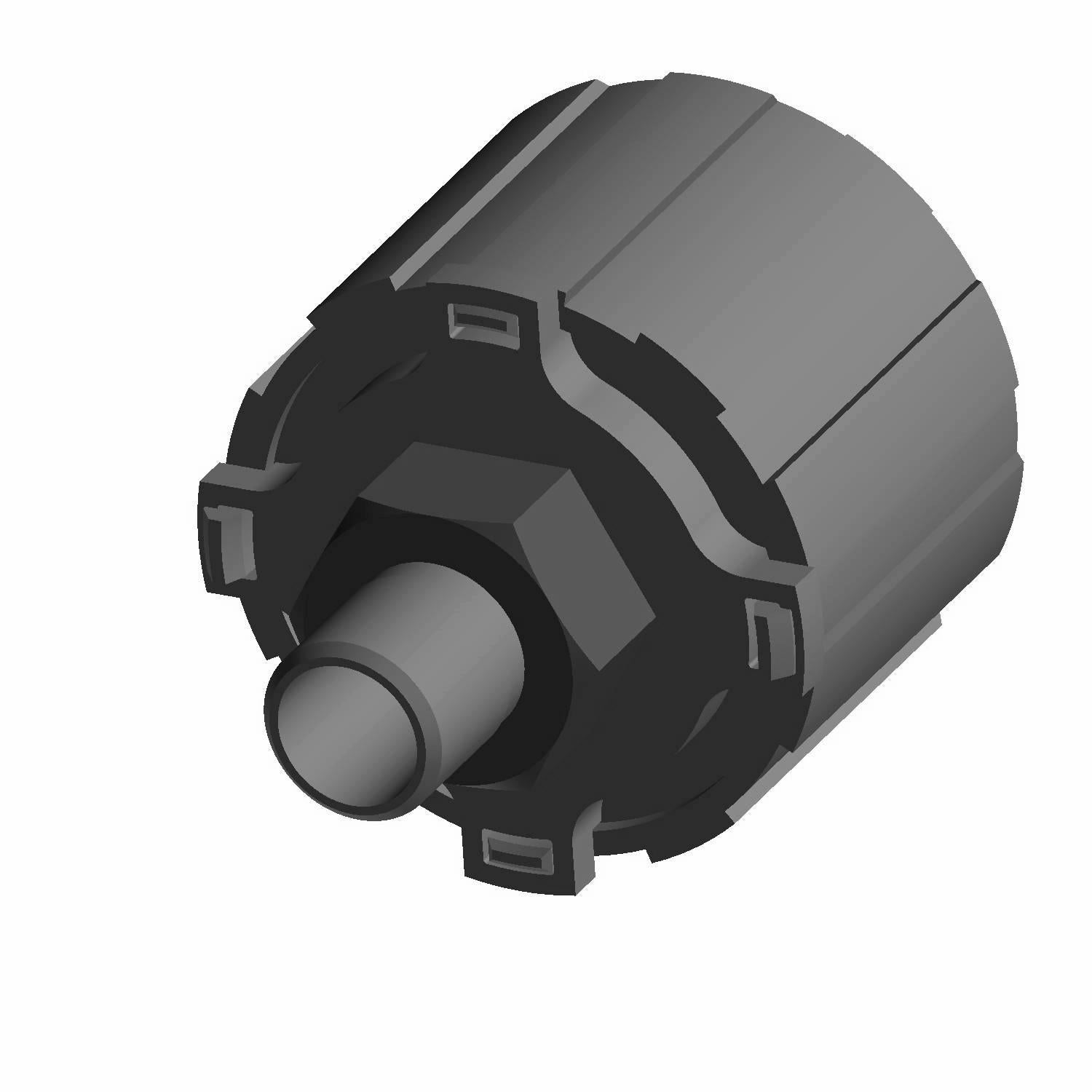 3D-rendered image of the Fuel Hose / Line Evap Filter by Polaris, a black and gray cylindrical component with hexagonal details and four rectangular tabs at the base, shown on a white background.
