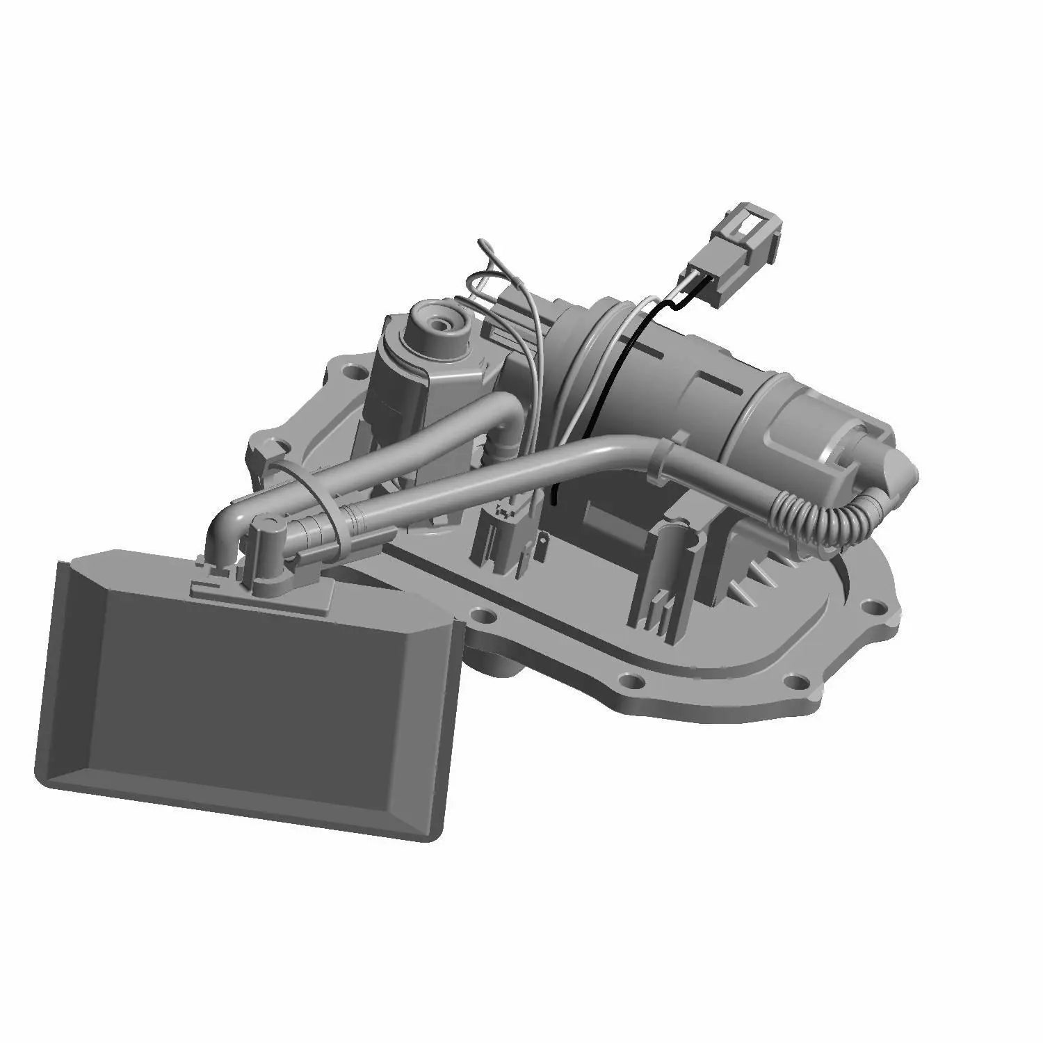 3D rendered image of a Polaris Fuel Pump [China Only] (Replaced by 2522832), featuring attached wiring, tubes, and a rectangular sensor on a mounting plate. Genuine OEM motorcycle part. White background.