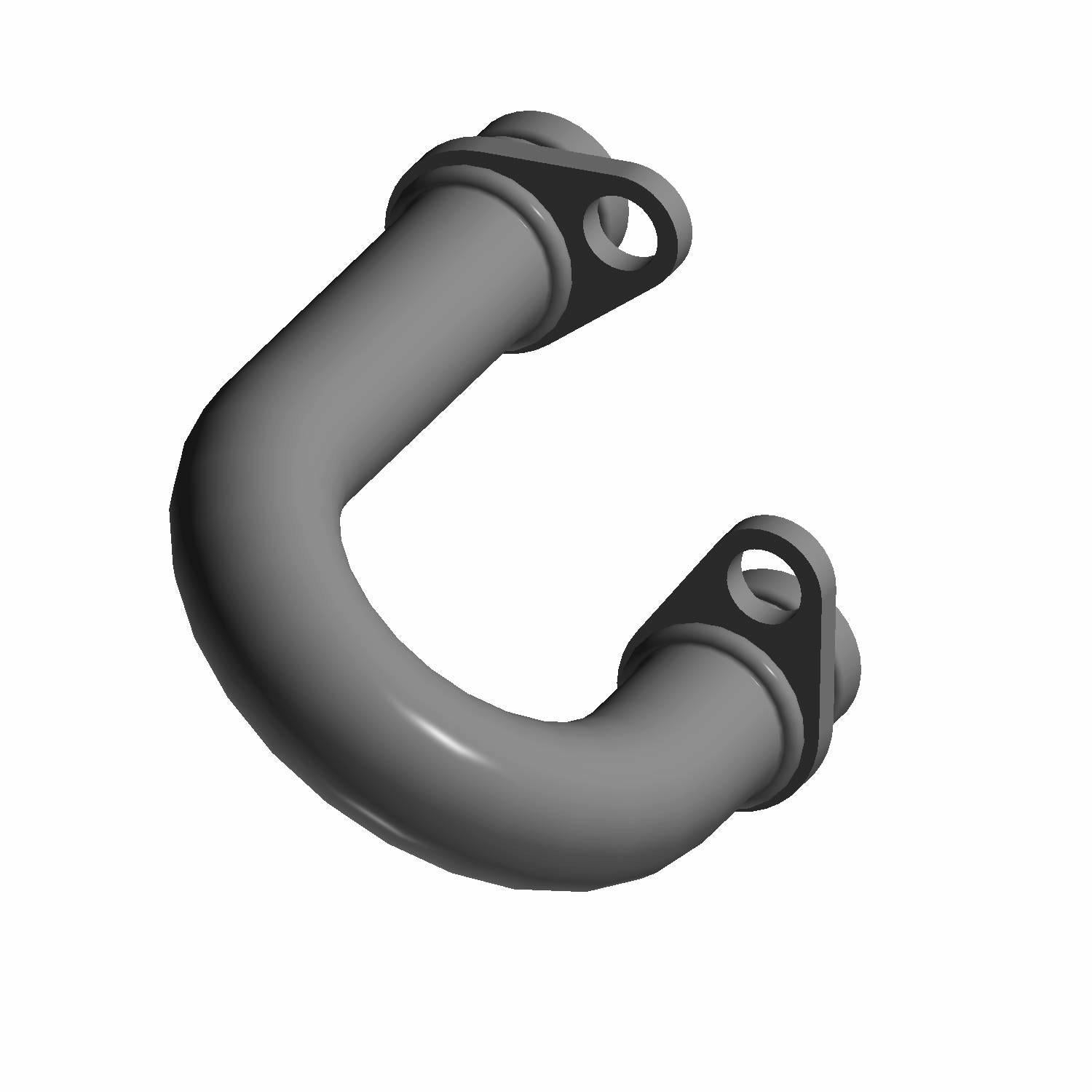 Matte black curved metal oil pump outlet tube with mounting flanges and bolt holes.