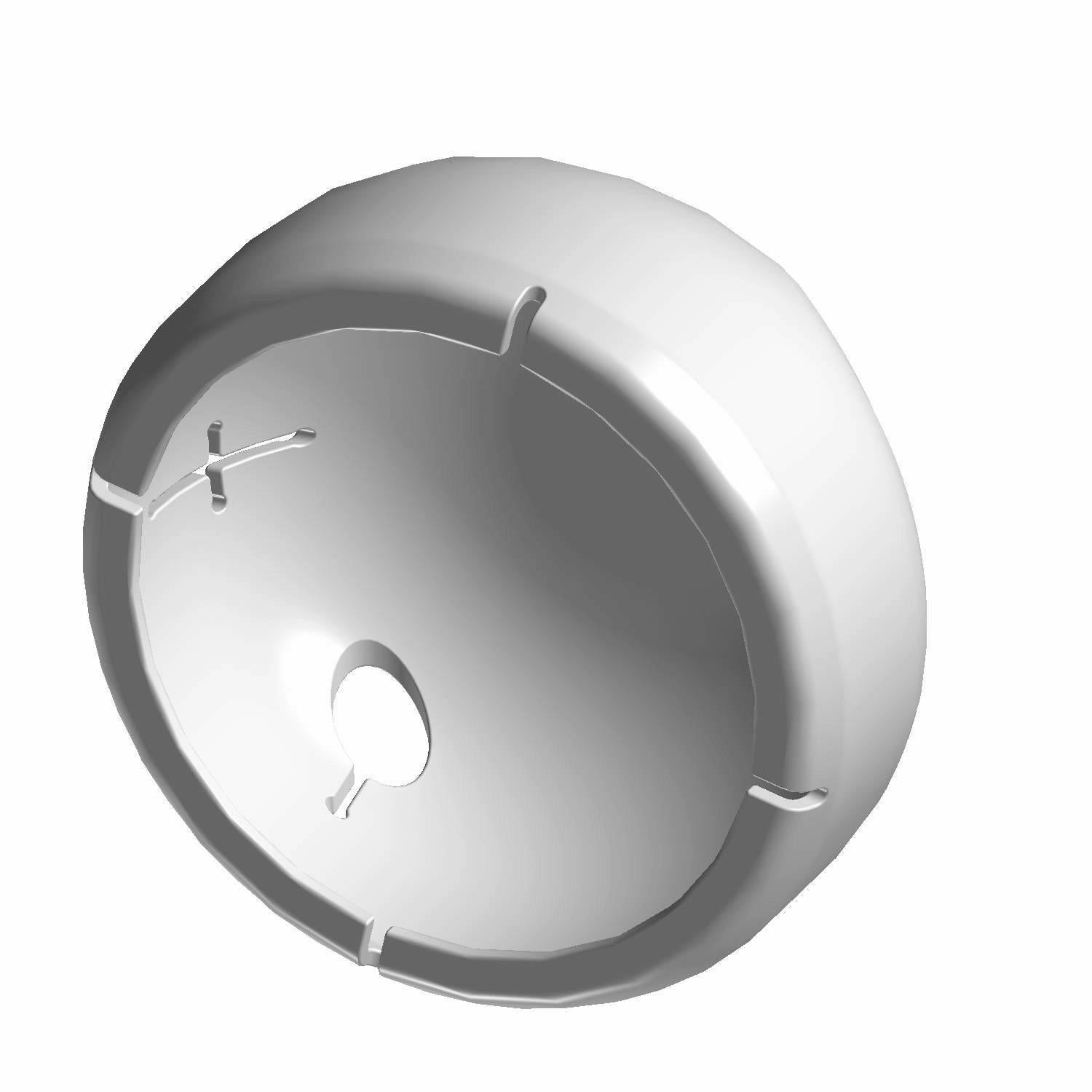 White rounded plastic cover with a central circular hole and three small notches around the edge.