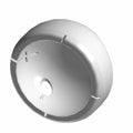 White rounded plastic cover with a central circular hole and three small notches around the edge.