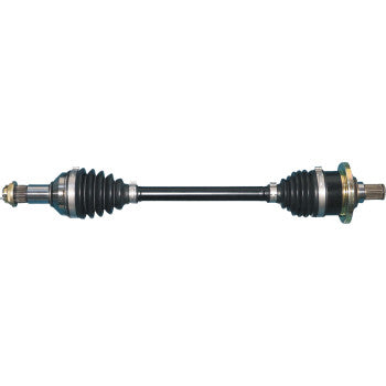 Heavy-duty black metal CV axle with ribbed rubber boots and metal joints on both ends.