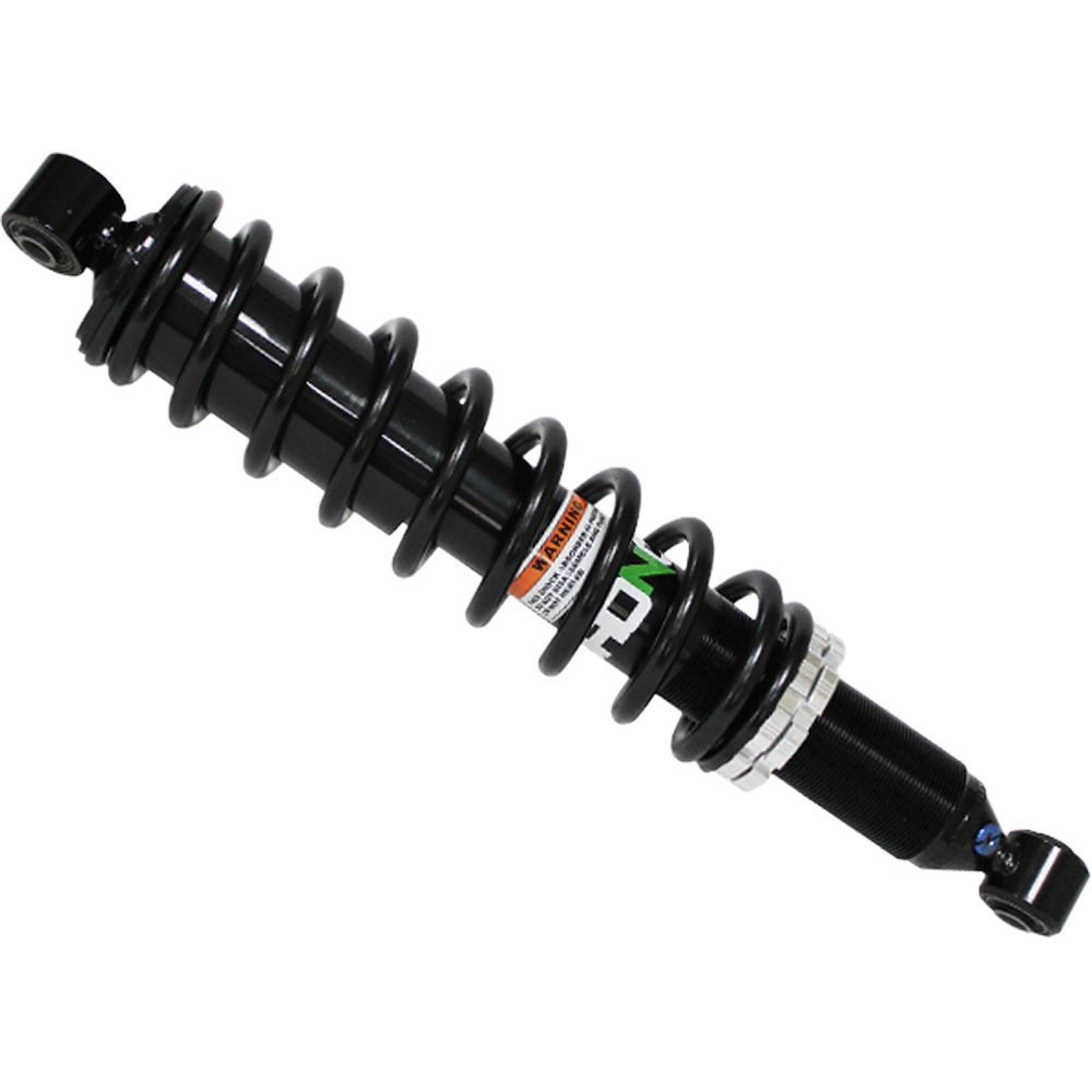A Yamaha Grizzly UTV/ATV Rear Gas Shock by Bronco, featuring a black finish, coil spring, adjustment rings, and warning labels, is shown on a white background. Find quality UTV/ATV shocks like this at Witchdoctors.com.