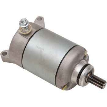 The Yamaha Starter by Ricks Motorsport Electric is a cylindrical metallic OEM replacement motor with mounting flanges and a gear on one end, designed for starting vehicle or machine engines.