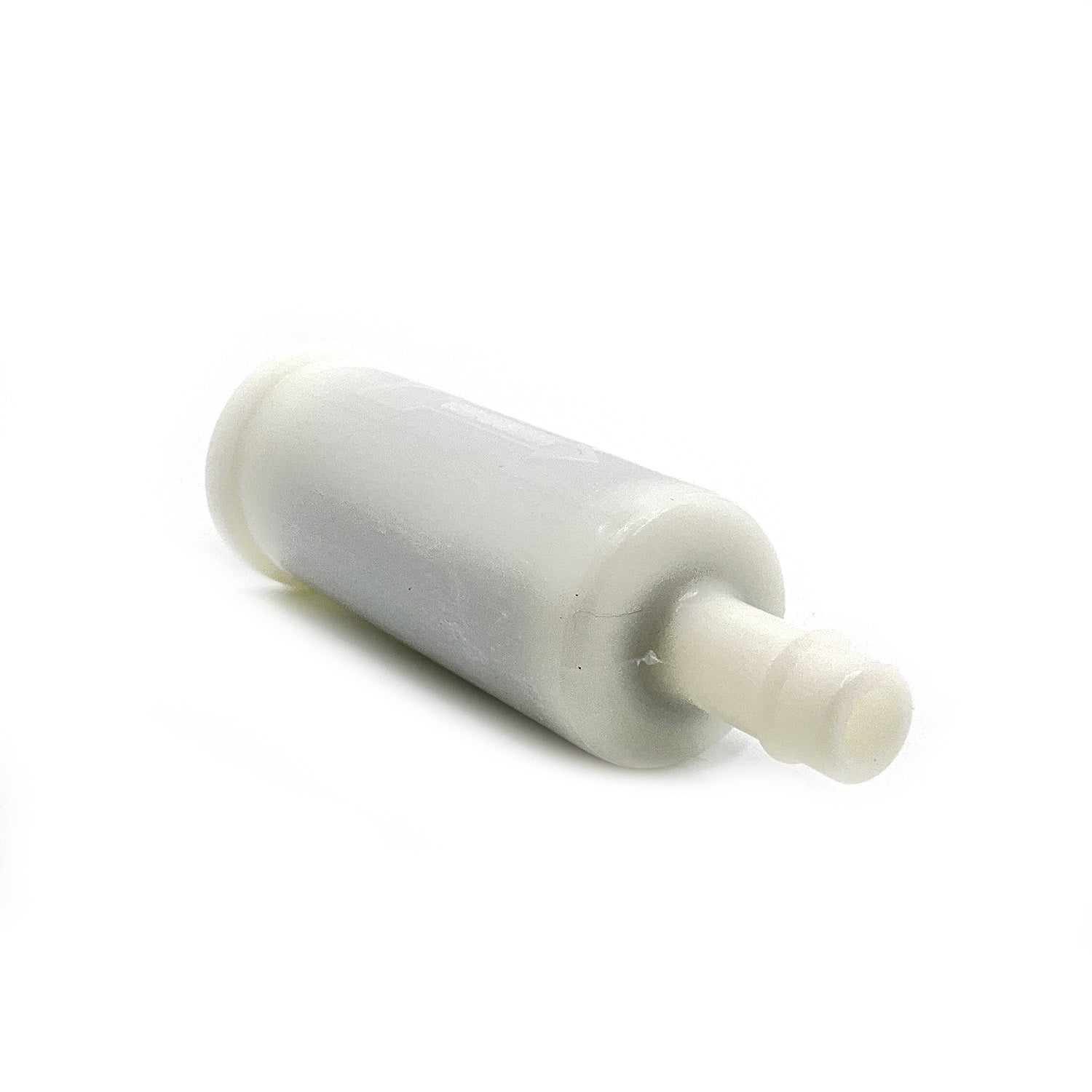 Cylindrical white breather filter with ribbed connector end for Polaris UTVs and ATVs.