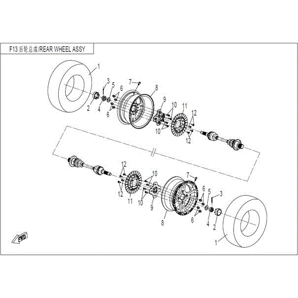 An Image of a Genuine CFMOTO Parts Schematic Diagram showing the schematic - REAR WHEEL ASSY - 2015 CFMOTO ZFORCE 600