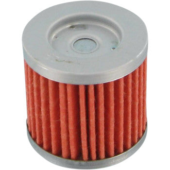 The Kawasaki - Suzuki Oil Filter by Vesrah features a silver metal top and bottom with pleated red filter paper at its center, efficiently trapping particles for superior engine protection.