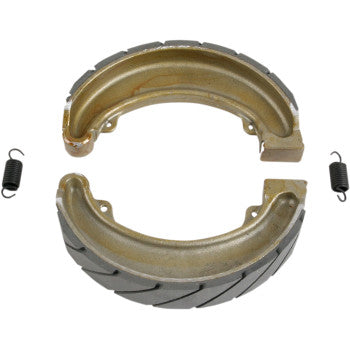 The image displays two Ebc Brake Shoes made of die-cast aluminum with textured gray friction surfaces in a circular layout, accompanied by two small black brake shoe springs on either side.