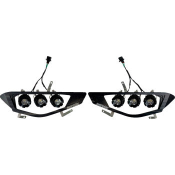 The Polaris Ranger Headlight by Heretic features a pair of black fog lights with three round CREE LEDs each, mounted on CNC aircraft-grade aluminum brackets and connected to wiring harnesses.