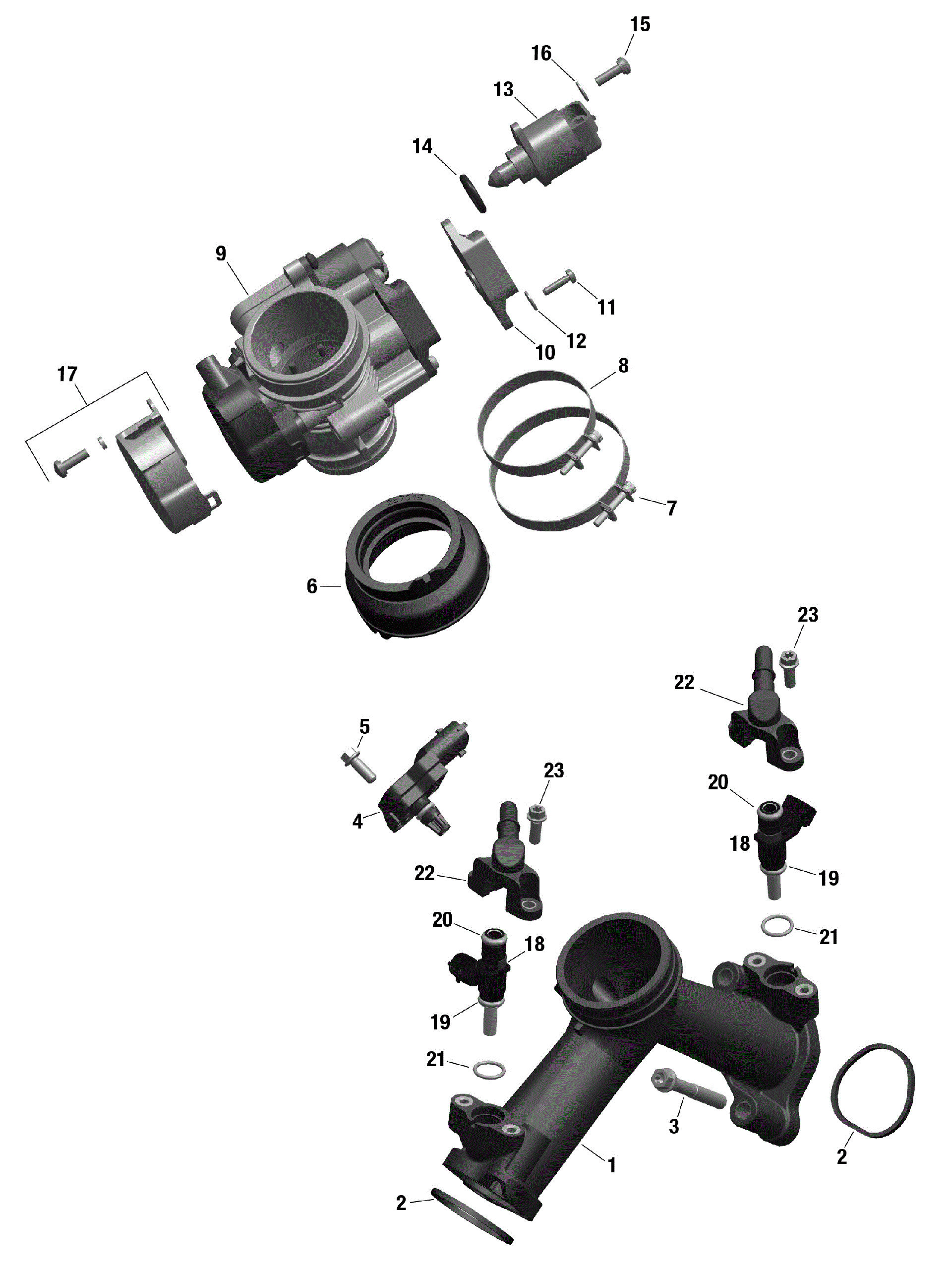 An Image of a Genuine Can-Am Parts Schematic Diagram showing the schematic - ROTAX - AIR INTAKE MANIFOLD AND THROTTLE BODY