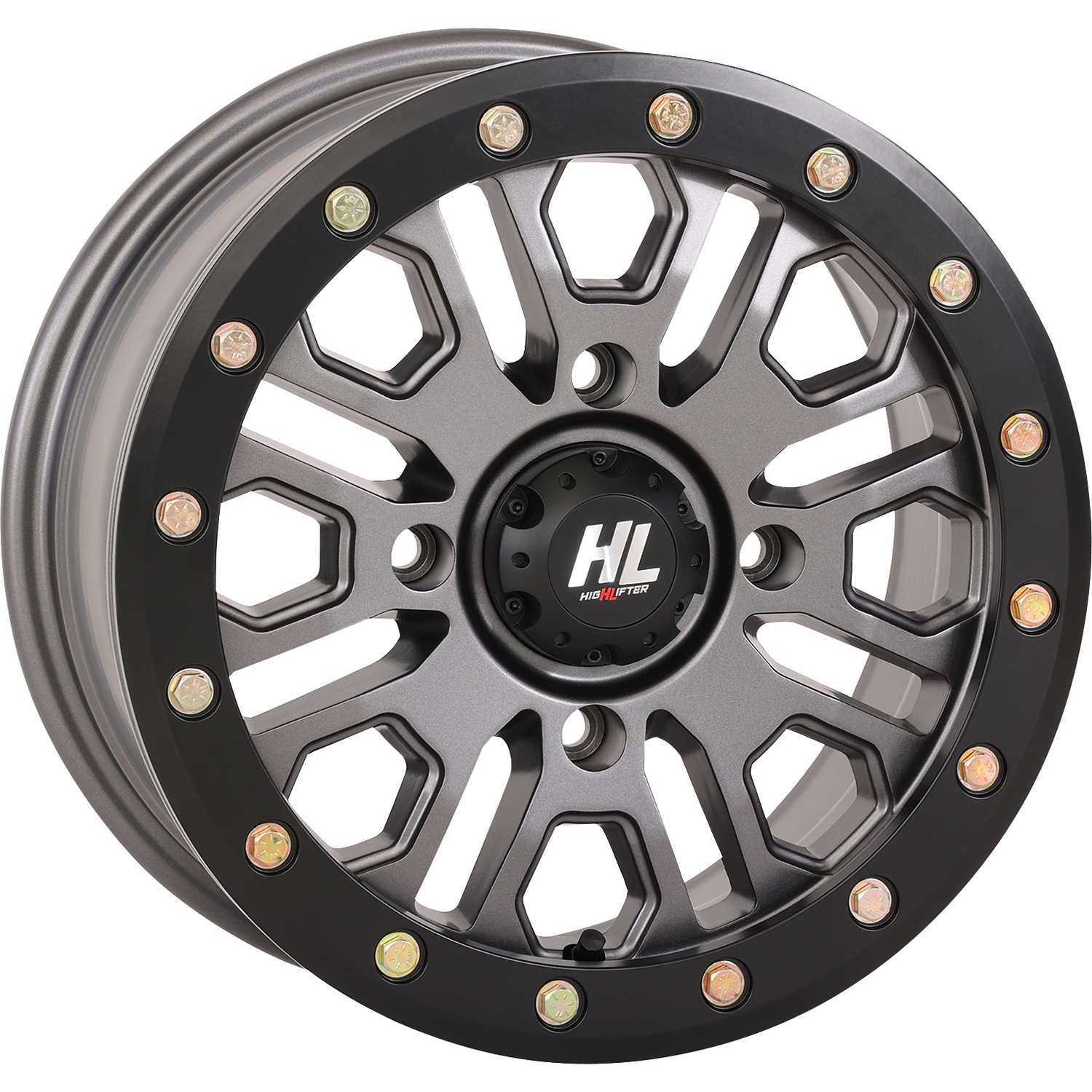High Lifter HL23 Beadlock Wheel for ATVs and UTVs * 15x7 Inch Gun Metal Gray with Split-Spoke Design and Factory-Installed Valve Stem