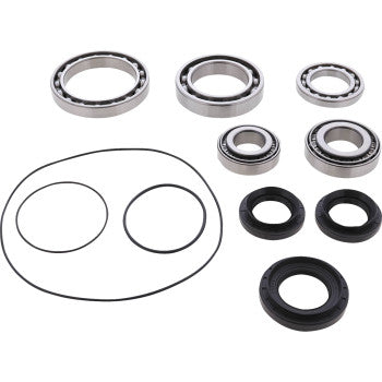 The Yamaha Differential Bearing Seal Kit Front by Moose Offroad includes a high-speed EMQ bearing, durable rubber seals, and multiple circular O-rings arranged on a white background.
