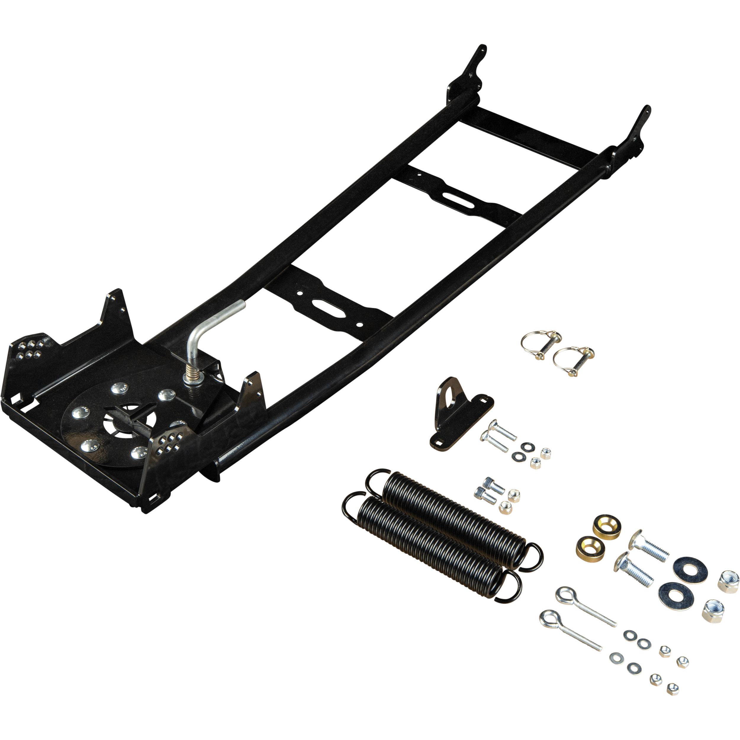 The Plow Push Tube ATV by Open Trail features a black metal frame made of heavy-duty steel tubing with a powder-coated finish and includes mounting hardware—bolts, washers, nuts, brackets, two large springs, and U-shaped clips—displayed on white.