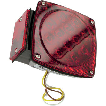 The Replacement LED Trailer Light (Left) Waterproof by Optronics Inc. features a red square design, clear lens, visible mounting screws, and three exposed wires—ideal for taillight or wiring harness installations.
