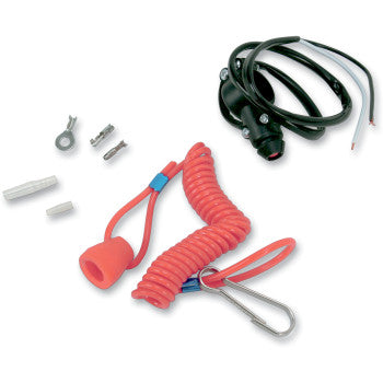 The Kill Switch Tether Line by K&S Technologies features a coiled red safety lanyard with a clip, a panel-mount kill switch for 7/8" handlebars, and small metal connectors, all shown on a white background.