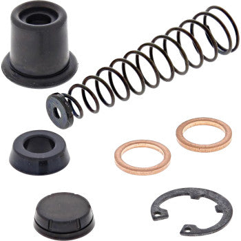 The All Balls Brake Master Cylinder Rebuild Kit Front includes copper washers, EPDM rubber seals, a metal spring, caps, and a circular retaining clip, all shown separately on a white background.