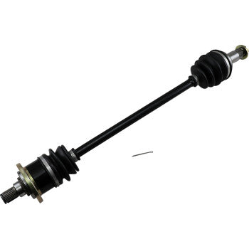 Black metal CV axle shaft with rubber boots on both ends and metal flanges for mounting.
