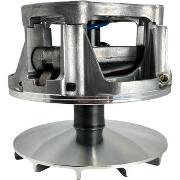 Silver metallic primary clutch with a compact, sturdy frame and smooth round pulley, designed for offroad vehicles.