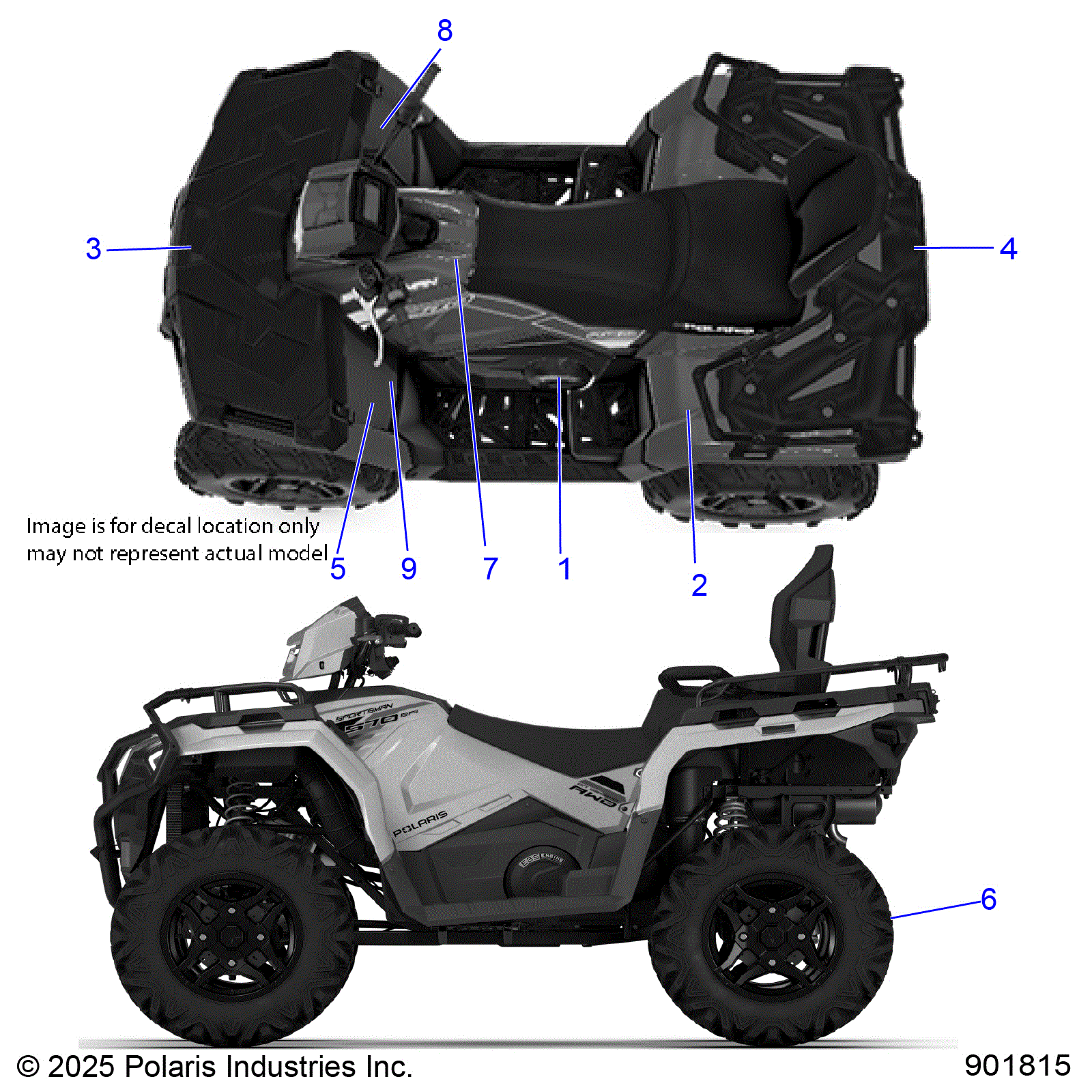An Image of a Genuine Polaris Parts Schematic Diagram showing the schematic - BODY: DECALS STANDARD - 2026 POLARIS SPORTSMAN TOURING 570 ULTIMATE