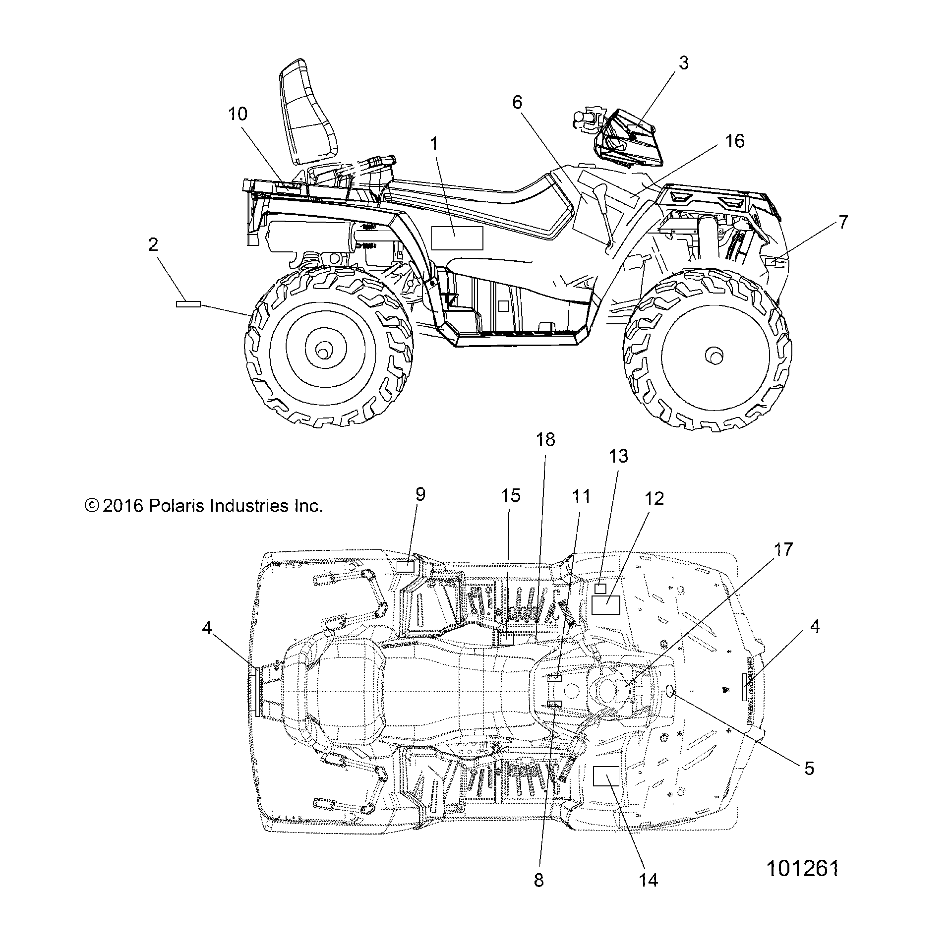An Image of a Genuine Polaris Parts Schematic Diagram showing the schematic - BODY: DECALS - 2018 POLARIS SPORTSMAN TOURING 570 SP