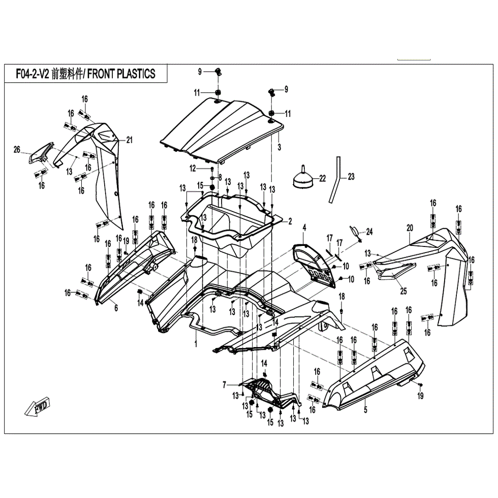 An Image of a Genuine CFMOTO Parts Schematic Diagram showing the schematic - FRONT PLASTICS - 2022 CFMOTO ZFORCE 800 EX