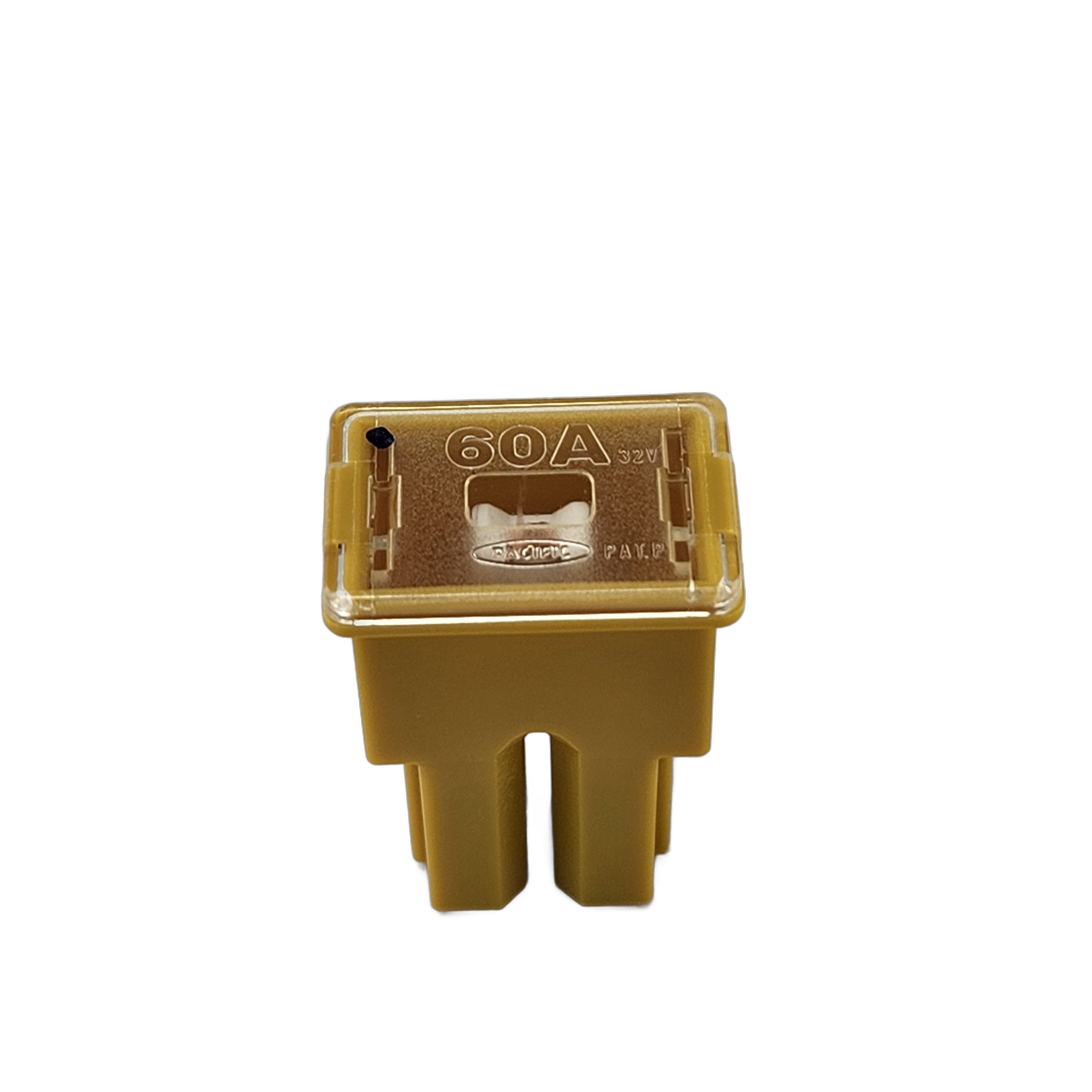 Rectangular brown 60A fuse with transparent top and two prongs for Kawasaki UTVs.