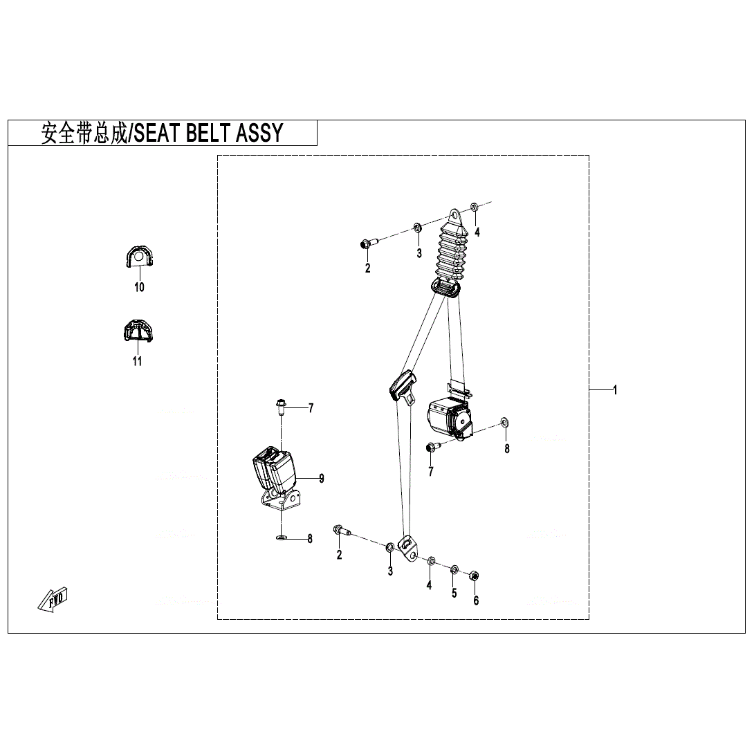 Black-and-white diagram of the Rear Row LH Passenger Safety Belt Assembly by CF Moto, showing numbered UTV & ATV Parts like the seat belt, retractor, buckles, and OEM mounting hardware labeled in Chinese and English.