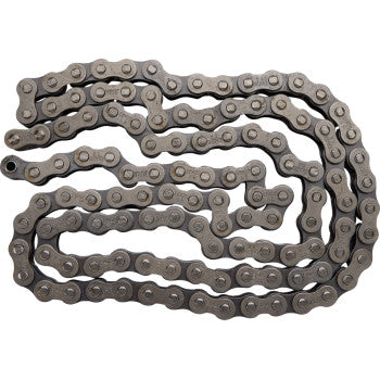 The 428 SR Heavy Duty Non Sealed Chain by Ek, featuring 118 interlinked oval links with visible pins and solid bushings, is displayed in a loose zigzag pattern on a white background.