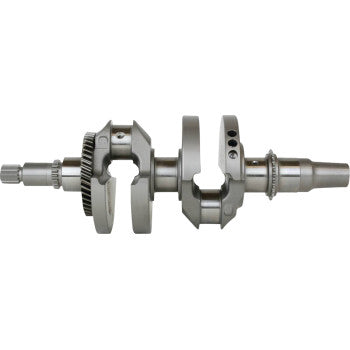 The Polaris Crankshaft OEM Replacement by Hot Rods features visible gears and counterweights, shown clean and unused against a white background, highlighting its detailed components and precise factory trued balanced construction.