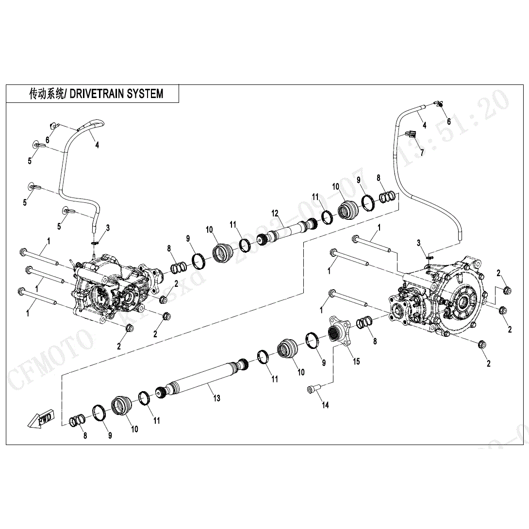 An Image of a genuine CFMOTO Parts Schematic Diagram showing the group - DRIVETRAIN SYSTEM - 2025 CFMOTO CFORCE 1000 OVERLAND