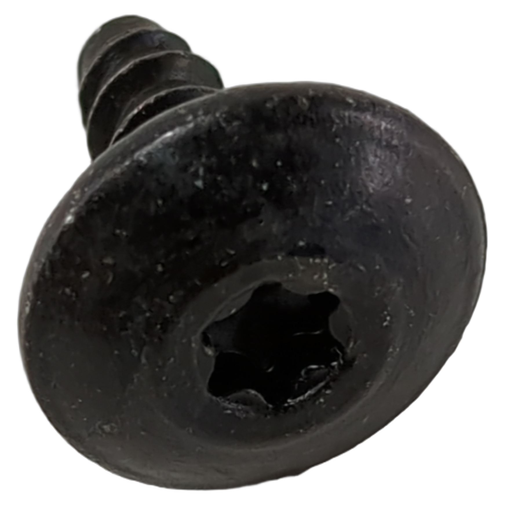 Black self-tapping screw with a rounded head and a star-shaped drive recess.
