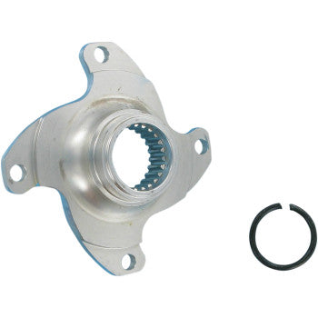 A Honda Sprocket Wheel Hub Aluminum by Dura Blue with three mounting holes and internal splines is shown next to a black circular snap ring on a white background.