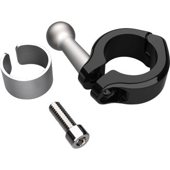The Clamp Aluminum Gen 2 1 1/2 Black by Ciro, a heat-treated aluminum clamp with included insert, ball rod, and screw—perfect for engine guard handlebar mounting—is displayed on a white background.