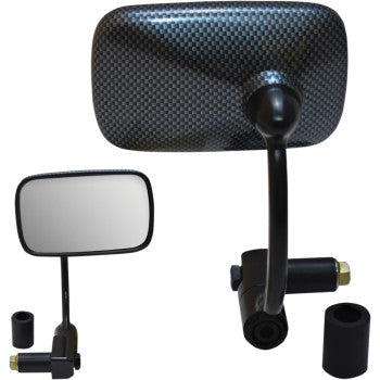 The Bar End Rectangular Mirror Black with Carbon look 7/8" by Parts Unlimited features a thin stem, curved arm, and includes mounting hardware. Designed for 7/8" bars, it's shown from multiple angles on a white background.