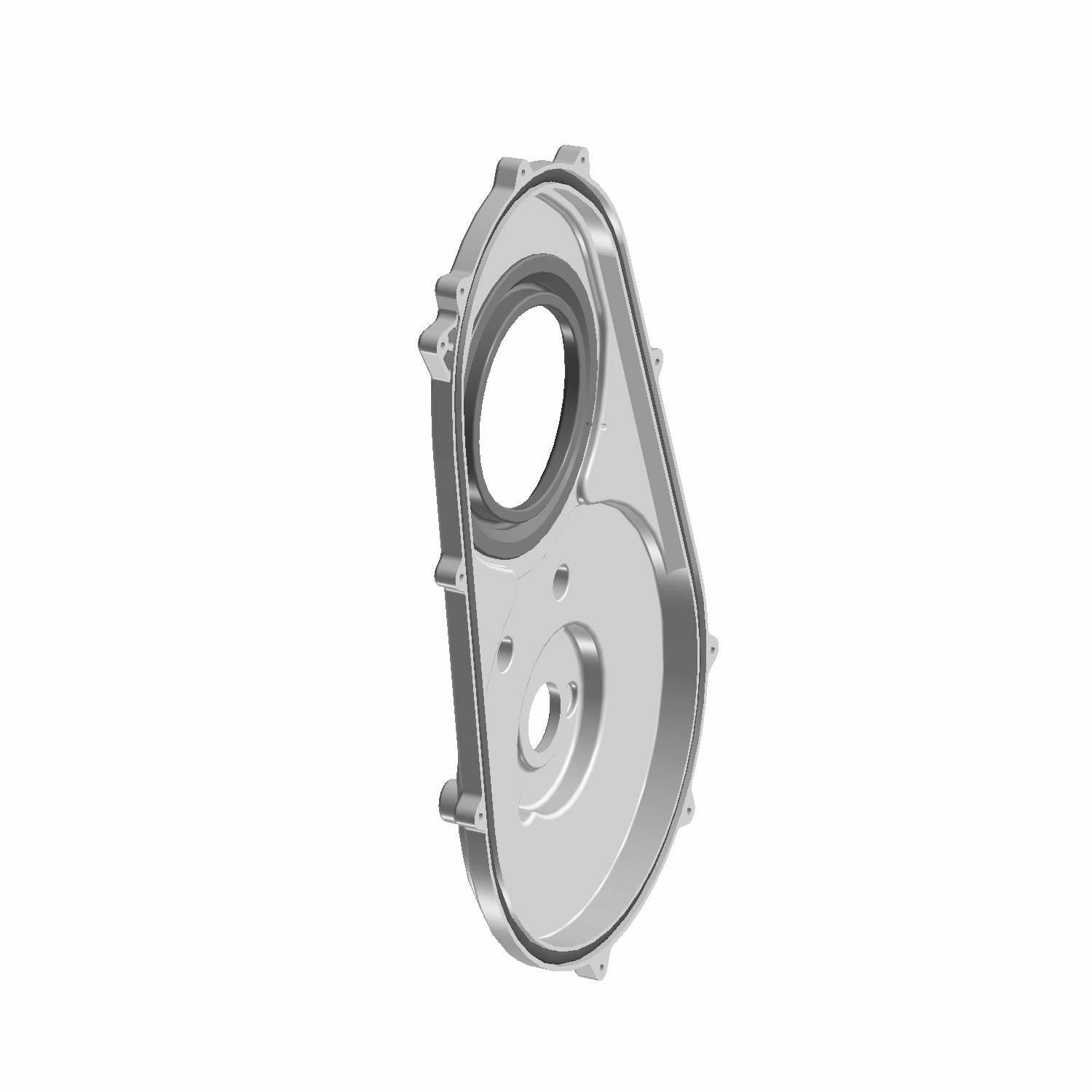 Silver metallic inner clutch cover with circular openings and mounting tabs for Polaris UTVs.