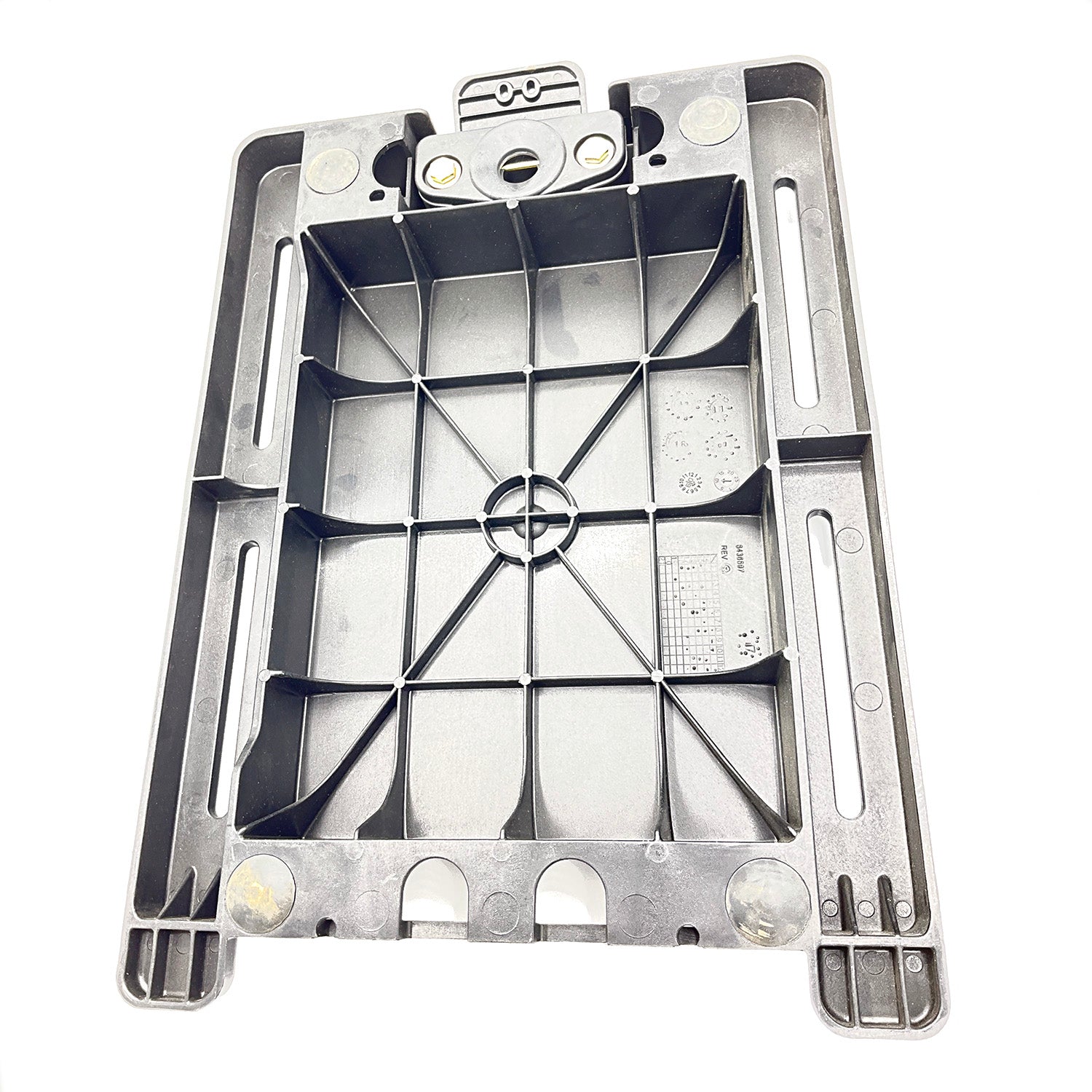 Black plastic seat base with grid support structure and mounting holes designed for Polaris off-road vehicles.