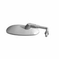 Matte black oval motorcycle side mirror with adjustable arm and mounting hardware.