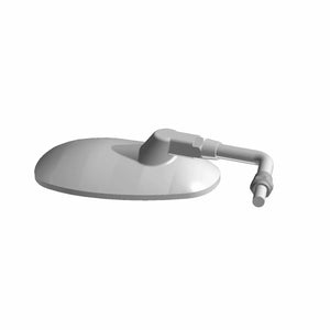 Matte black oval motorcycle side mirror with adjustable arm and mounting hardware.