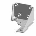 A 3D-rendered image of the Polaris Assembly, Bracket, Hinge Support, RH, featuring four circular mounting holes on the vertical face and two on the horizontal base, designed for structural or OEM Victory Polaris use.