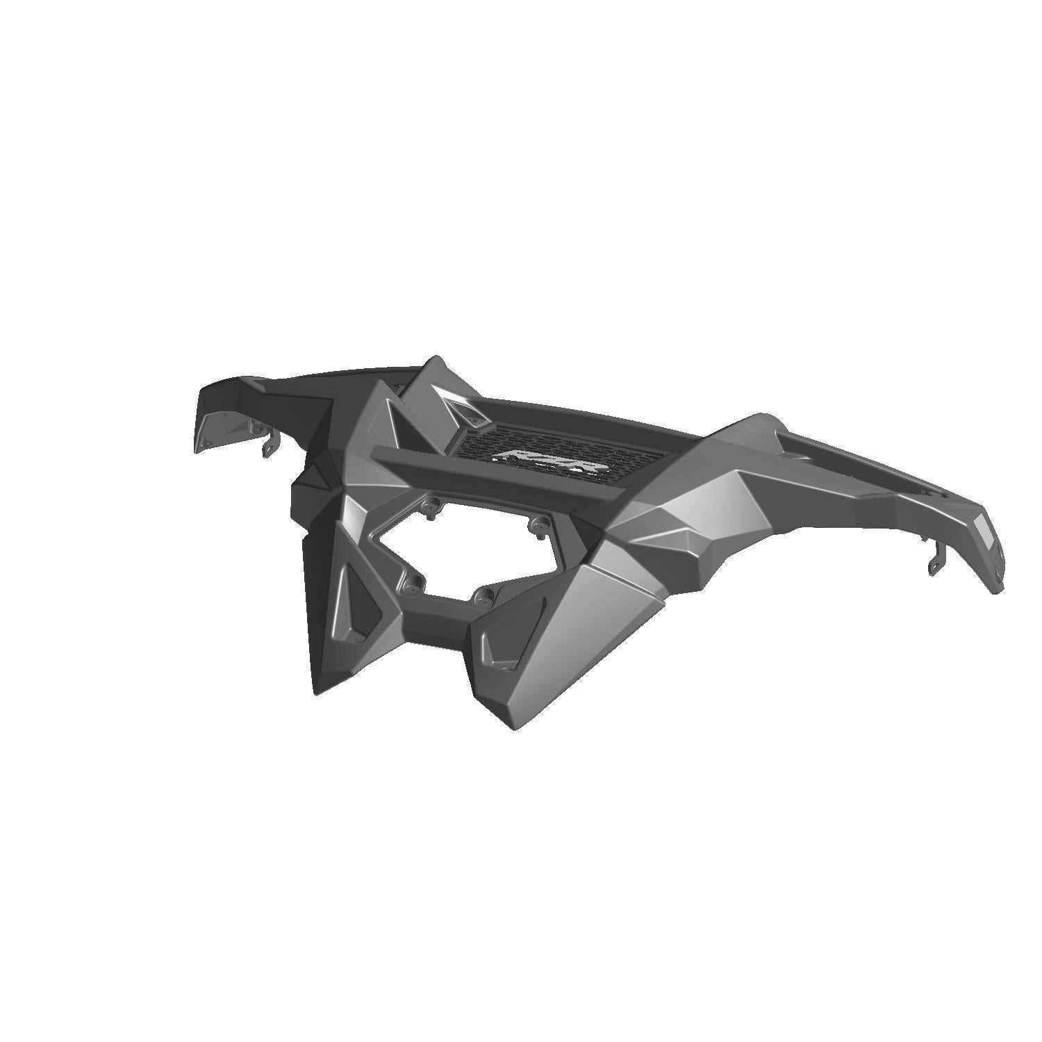 Black glossy front bumper with angular design and mounting points for Polaris UTV.